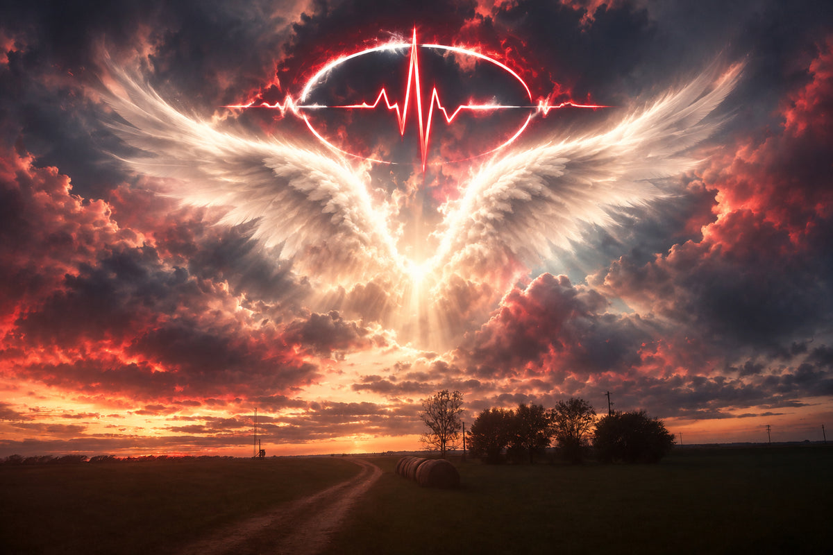 Include white blurry angel wings in the sky through the clouds haloed by a white, red and black heartbeat design.